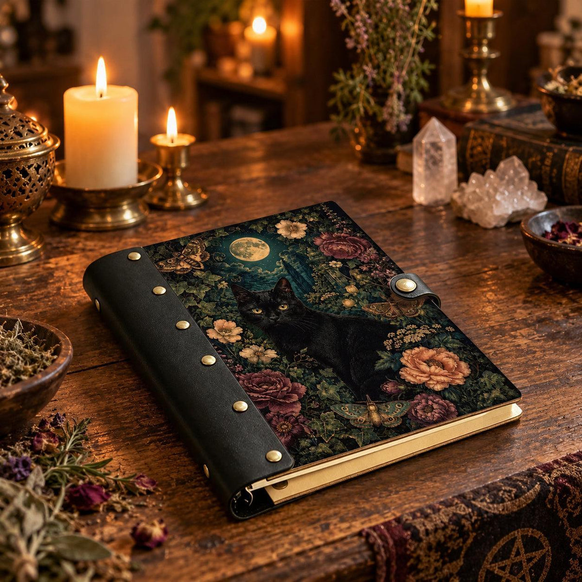 Full Moon Cat Moth Peony Journal - Vintage Witch Grimoire — view 3 on a realistic Pagan ritual altar
