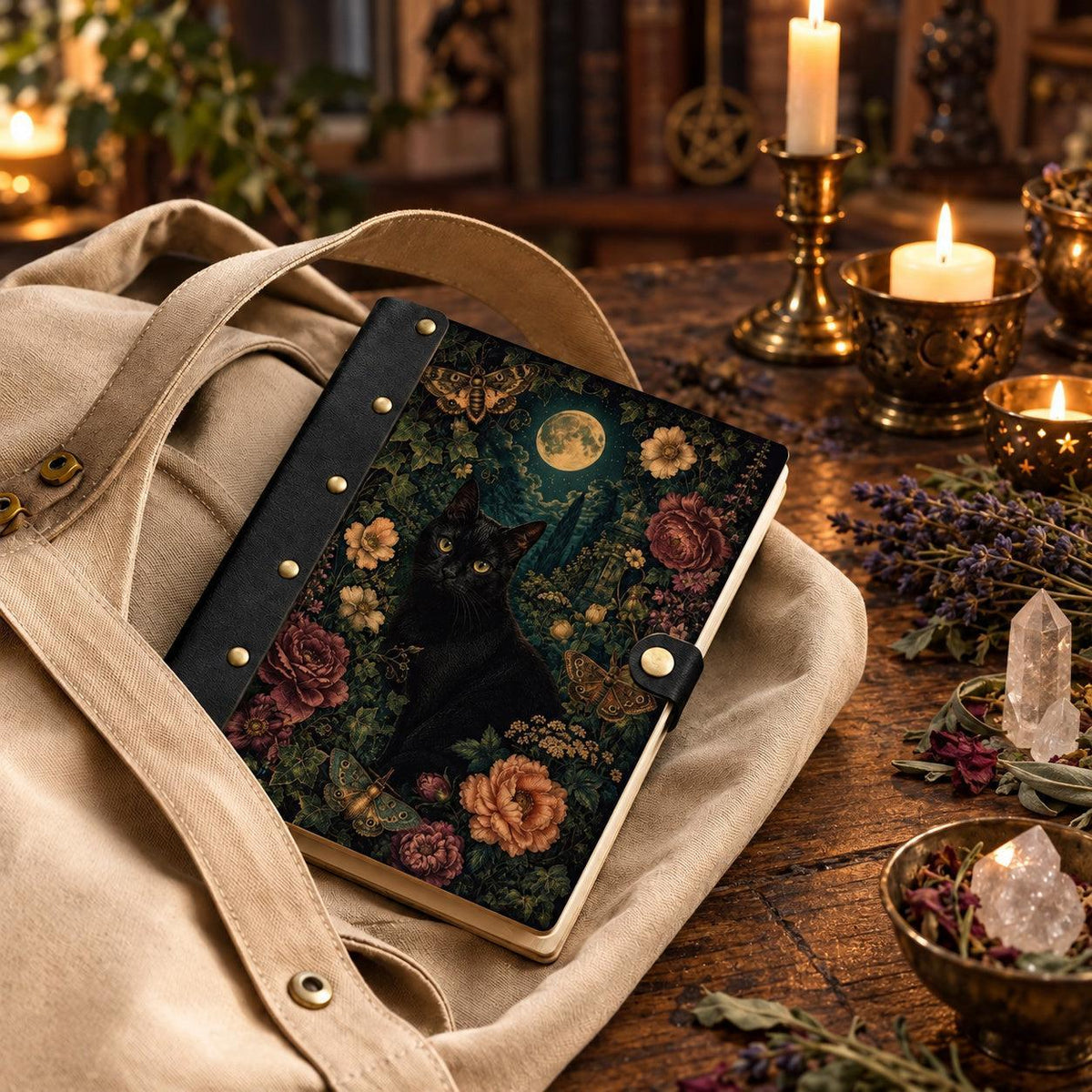 Full Moon Cat Moth Peony Journal - Vintage Witch Grimoire — view 5 on a realistic Pagan ritual altar