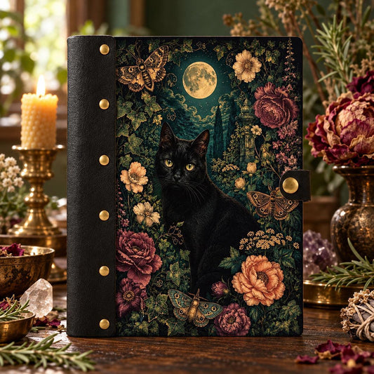 Full Moon Cat Moth Peony Journal - Vintage Witch Grimoire on a candlelit pagan ritual altar
