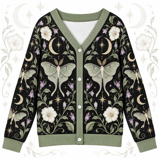 Full Moon Moonflower Luna Moth Cardigan for Women Sage Green Celestial, front view