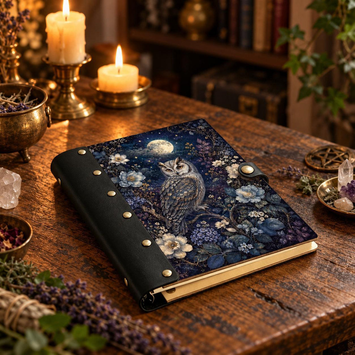 Full Moon Night Owl Peony Journal - Celestial Witch Grimoire — view 3 on a realistic Pagan ritual altar