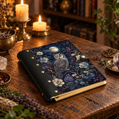 Full Moon Night Owl Peony Journal - Celestial Witch Grimoire — view 3 on a realistic Pagan ritual altar