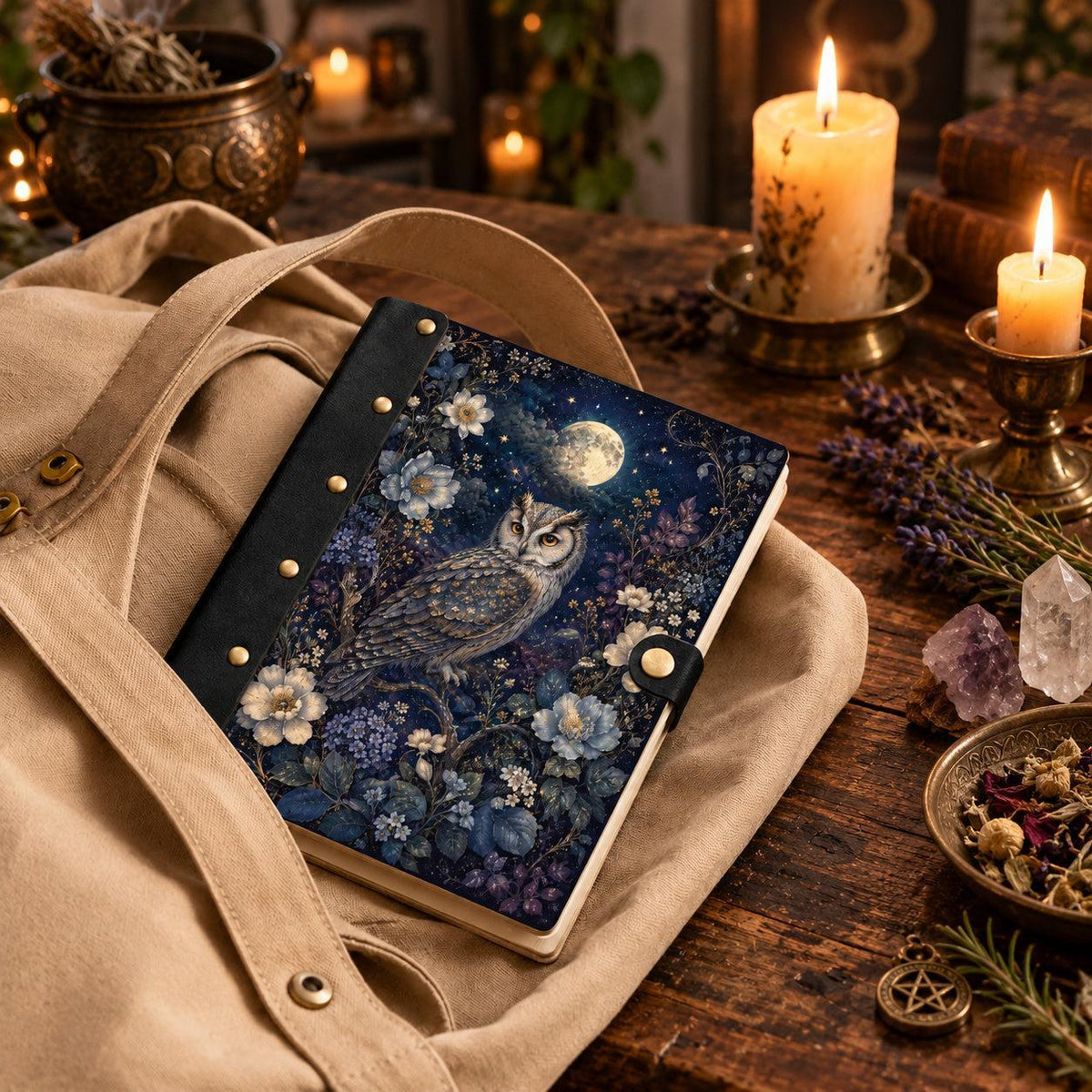 Full Moon Night Owl Peony Journal - Celestial Witch Grimoire — view 5 on a realistic Pagan ritual altar
