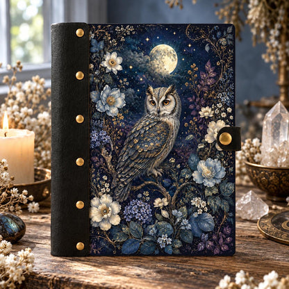 Full Moon Night Owl Peony Journal - Celestial Witch Grimoire on a candlelit pagan ritual altar