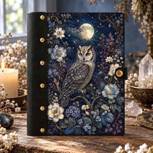 Full Moon Night Owl Peony Journal - Celestial Witch Grimoire on a candlelit pagan ritual altar