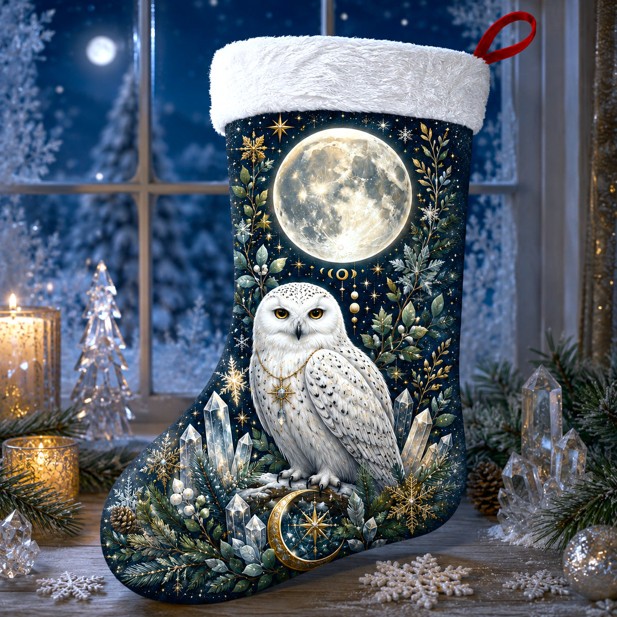 Full Moon Owl Christmas Stocking Wiccan Yule Fireplace Decor