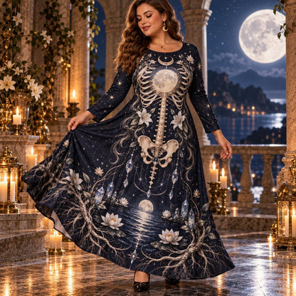 Full Moon Skeleton Plus Size Wiccan Dress – Lily Long Sleeve Maxi – worn, in motion
