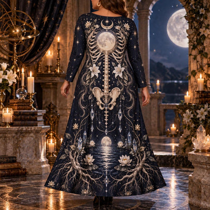 Full Moon Skeleton Plus Size Wiccan Dress – Lily Long Sleeve Maxi – worn, back view