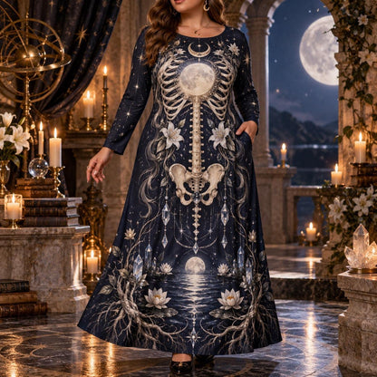 Full Moon Skeleton Plus Size Wiccan Dress – Lily Long Sleeve Maxi – worn, front view
