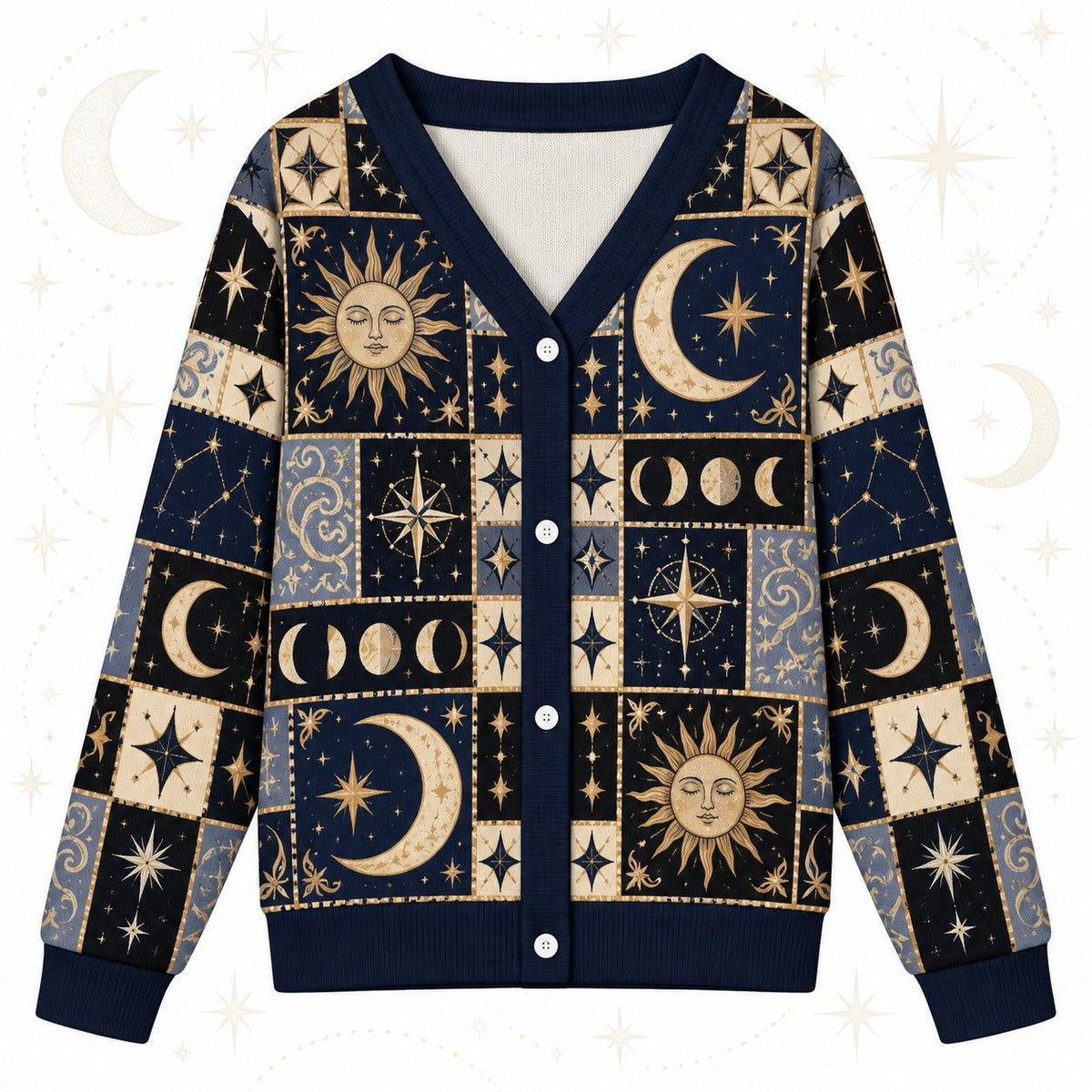Full Moon Sun Face Celestial Patchwork Cardigan for Women Navy Gold, front view