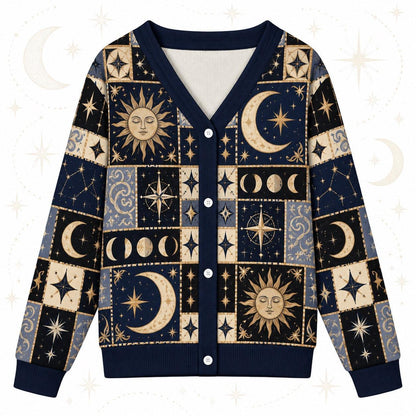Full Moon Sun Face Celestial Patchwork Cardigan for Women Navy Gold, front view