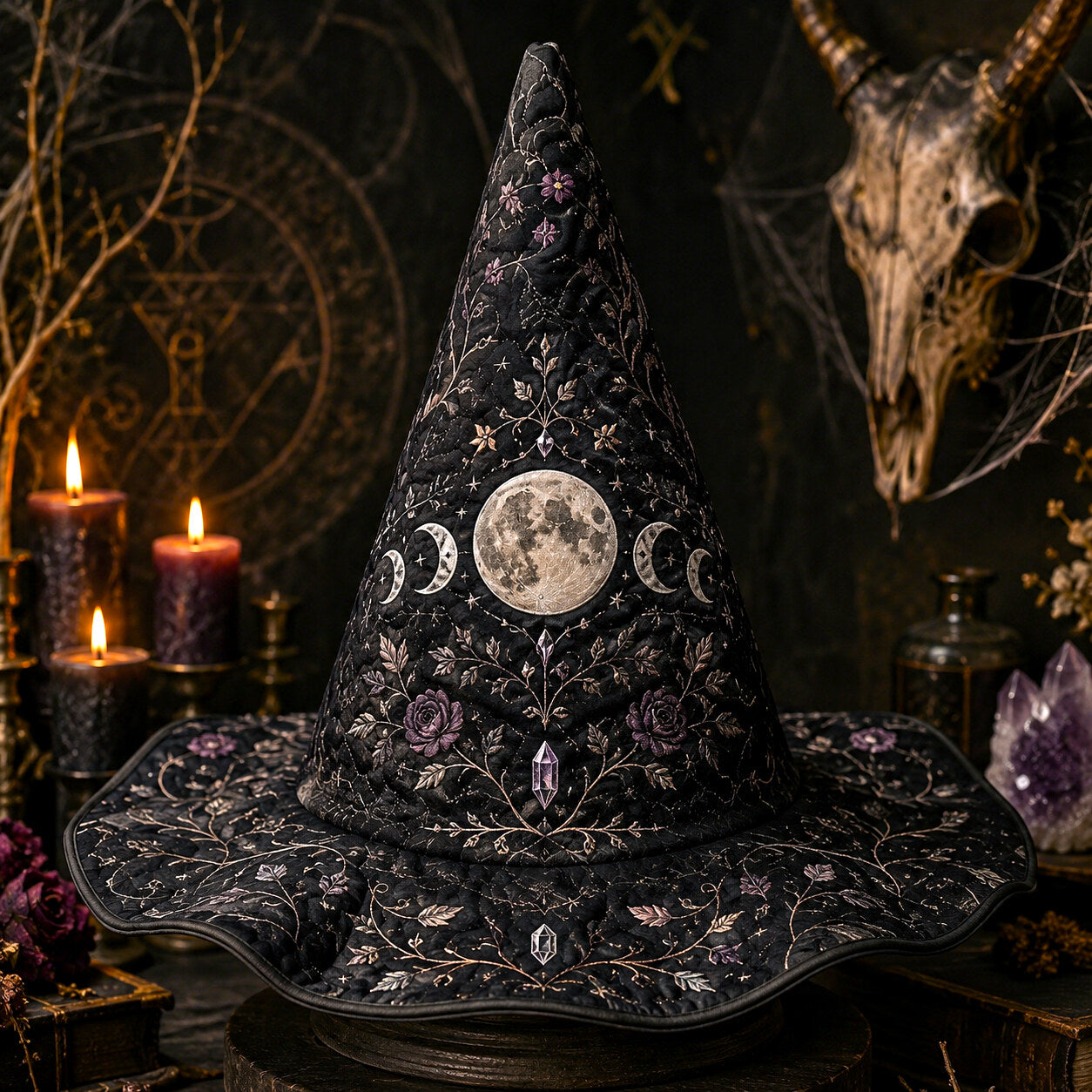 Full Moon Witch Hat – Celestial Floral Goddess Wide Brim Hat – on an altar table
