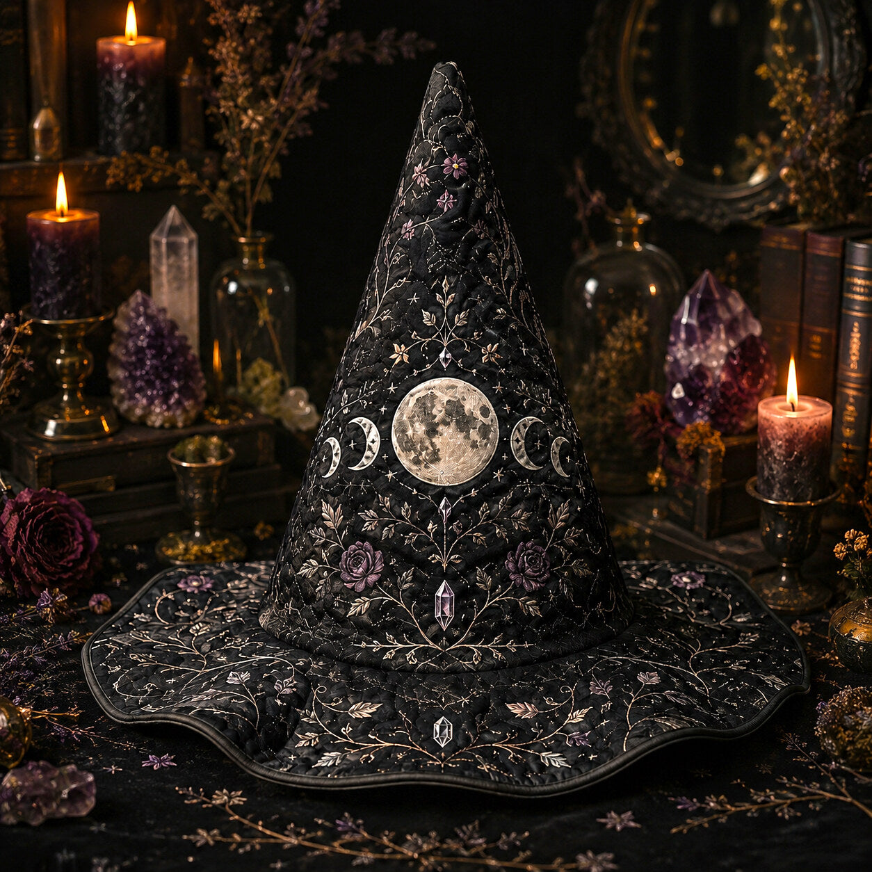 Full Moon Witch Hat – Celestial Floral Goddess Wide Brim Hat – styled with candles and crystals