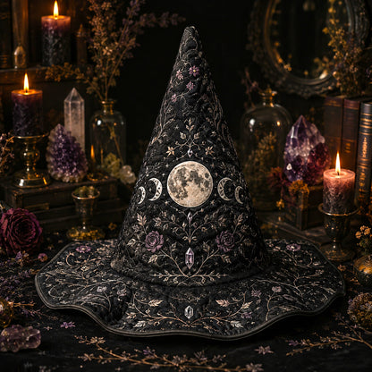Full Moon Witch Hat – Celestial Floral Goddess Wide Brim Hat – styled with candles and crystals