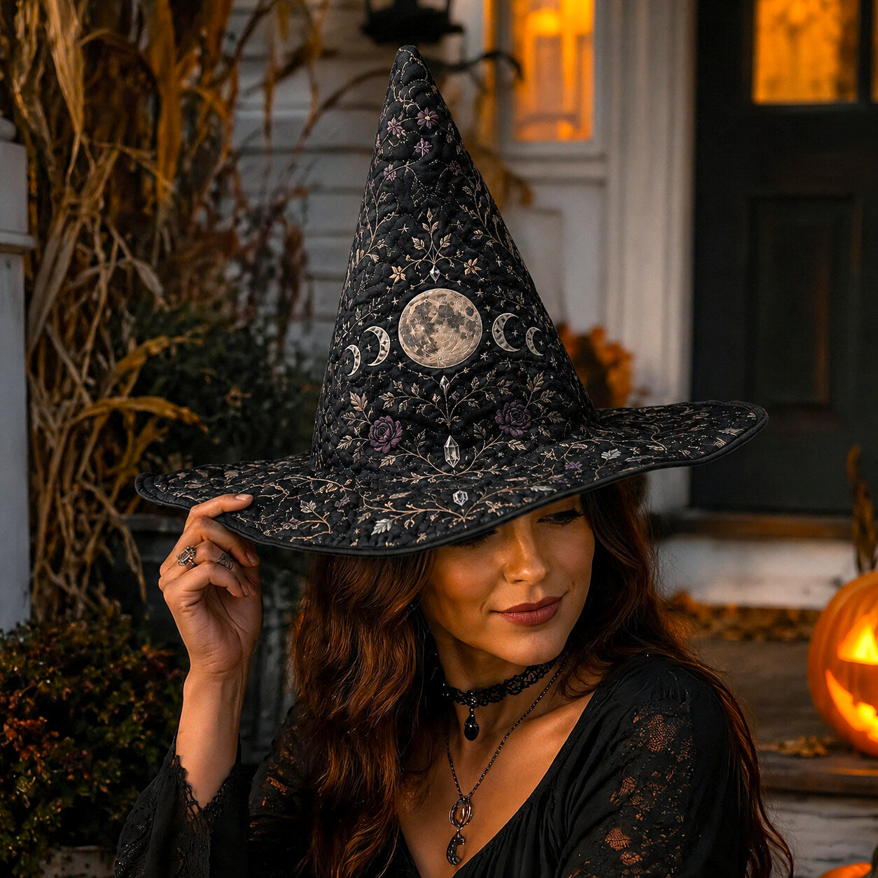 Full Moon Witch Hat – Celestial Floral Goddess Wide Brim Hat – worn, front view