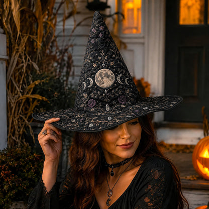 Full Moon Witch Hat – Celestial Floral Goddess Wide Brim Hat – worn, front view