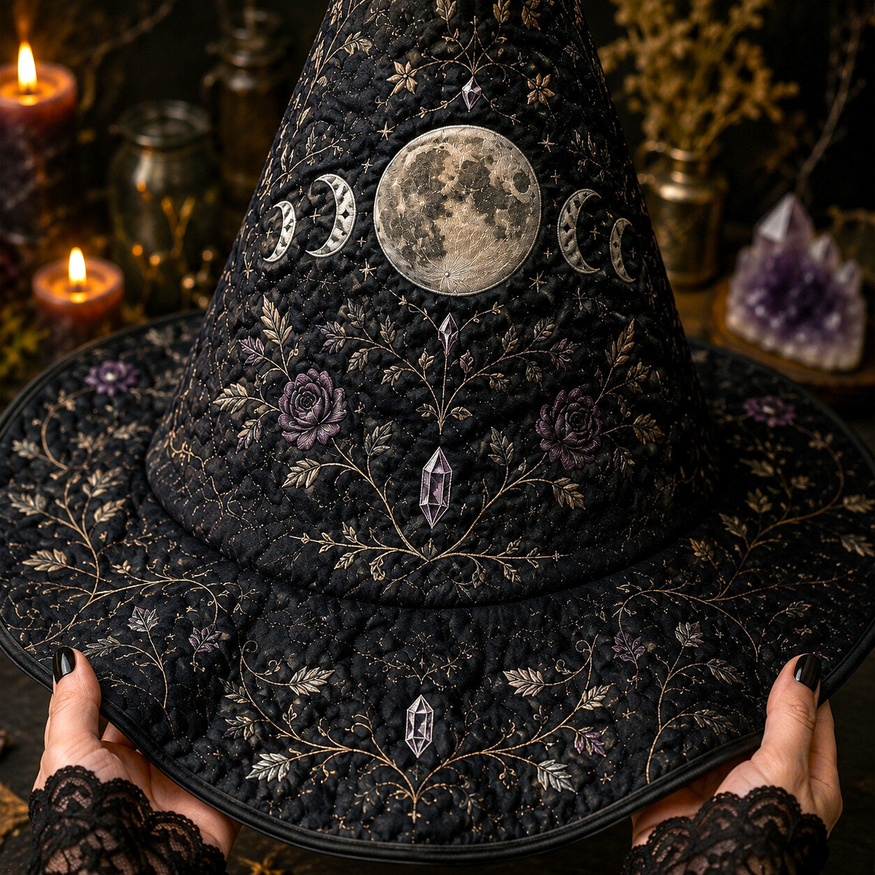 Full Moon Witch Hat – Celestial Floral Goddess Wide Brim Hat – quilting and print detail