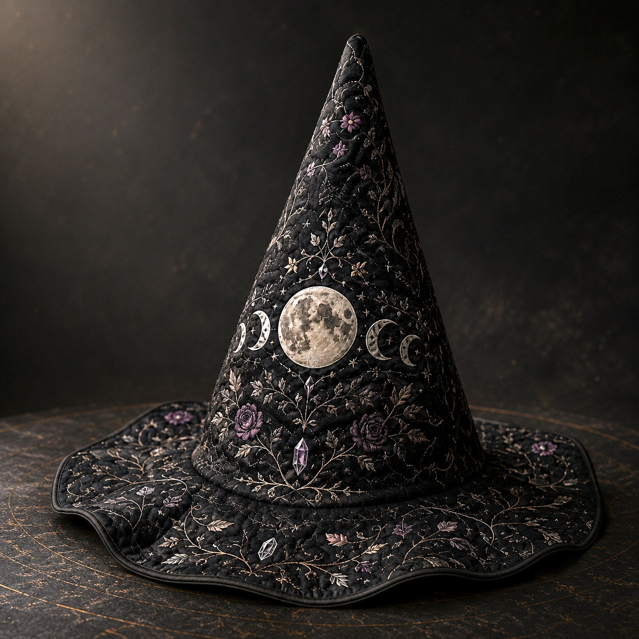 Full Moon Witch Hat – Celestial Floral Goddess Wide Brim Hat – held in both hands