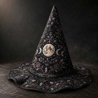 Full Moon Witch Hat – Celestial Floral Goddess Wide Brim Hat – held in both hands