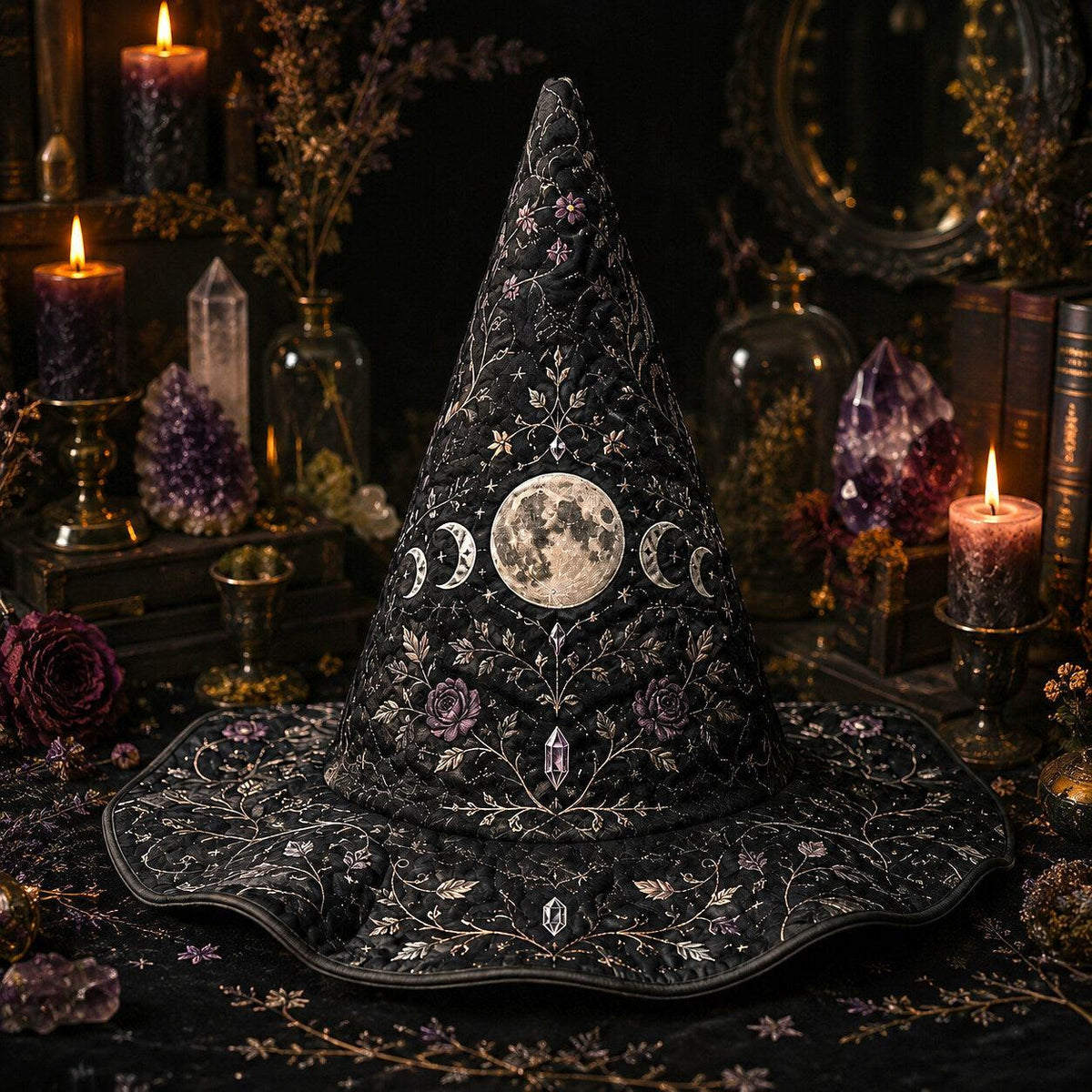 Full Moon Witch Hat – Celestial Floral Goddess Wide Brim Hat – styled with candles and crystals