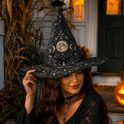 Full Moon Witch Hat – Celestial Floral Goddess Wide Brim Hat – worn, front view