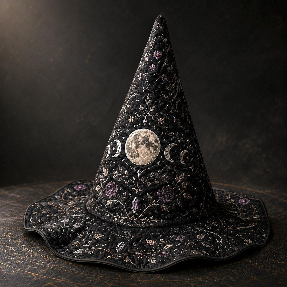 Full Moon Witch Hat – Celestial Floral Goddess Wide Brim Hat – held in both hands