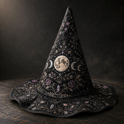 Full Moon Witch Hat – Celestial Floral Goddess Wide Brim Hat – held in both hands