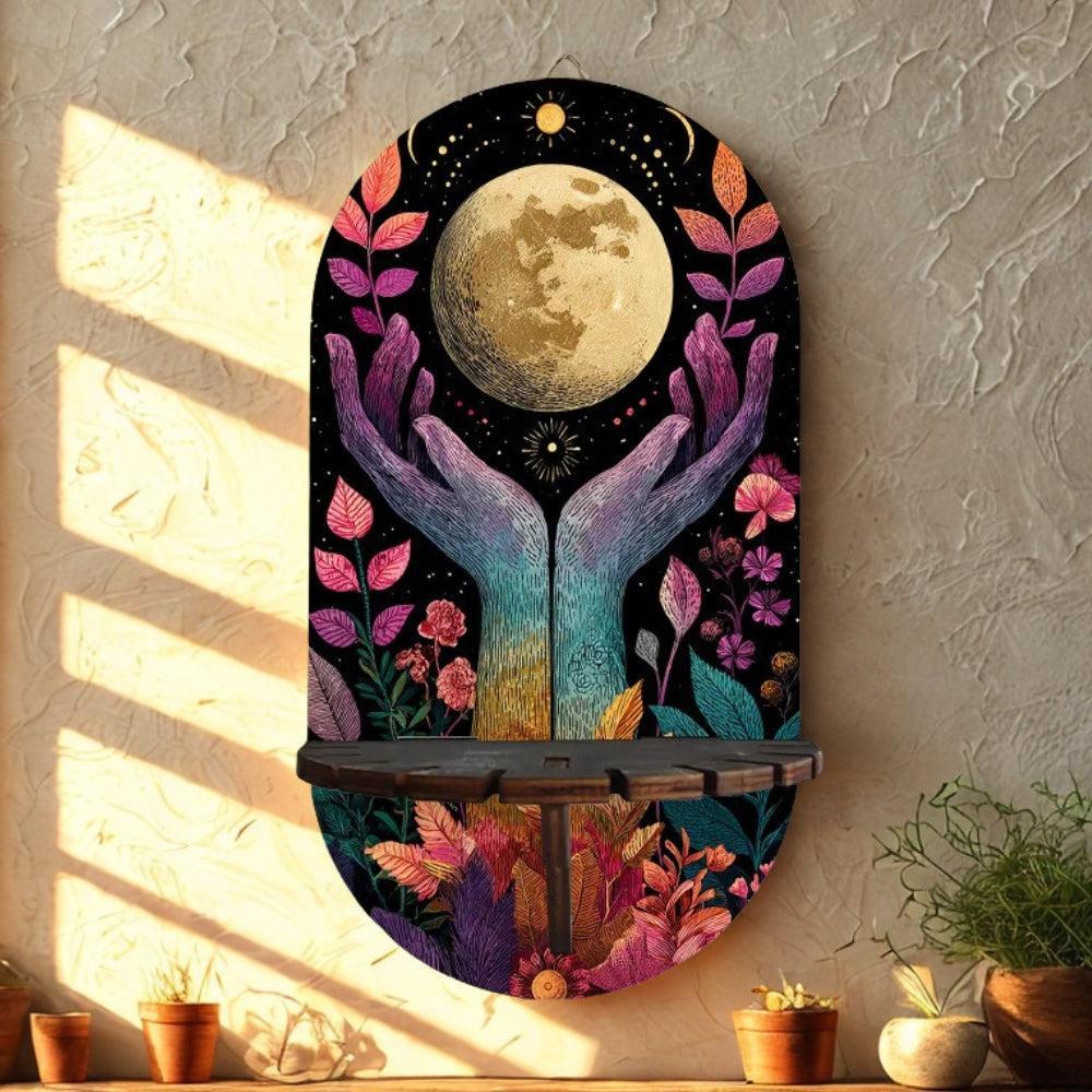 Full Moon Witchy Wall Shelf for Crystals & Candles – Wooden Mystical Floating Shelf Wicca Altar Decor-MoonChildWorld