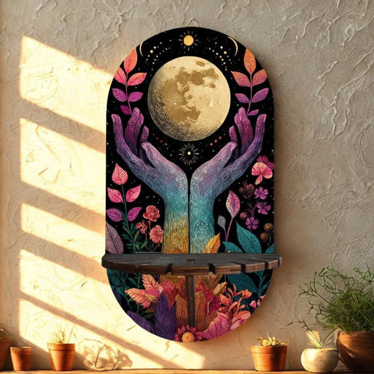 Full Moon Witchy Wall Shelf for Crystals & Candles – Wooden Mystical Floating Shelf Wicca Altar Decor-MoonChildWorld