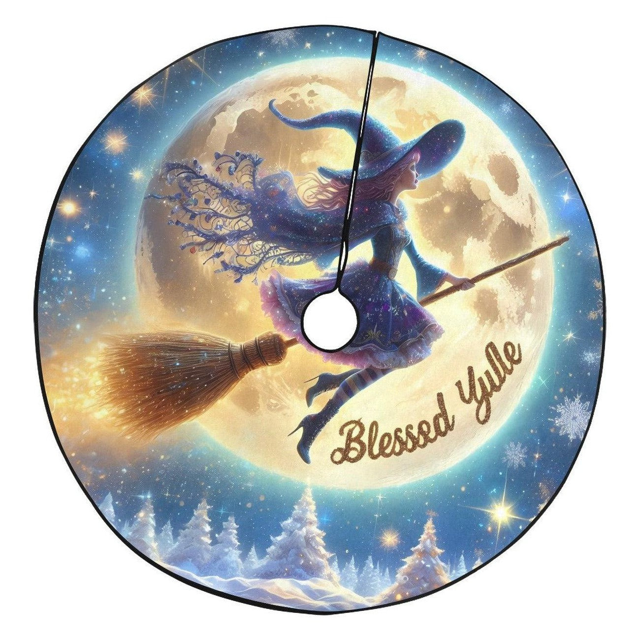 Full Moon and Flying Witch Christmas Tree Skirt for Yule Decor-MoonChildWorld