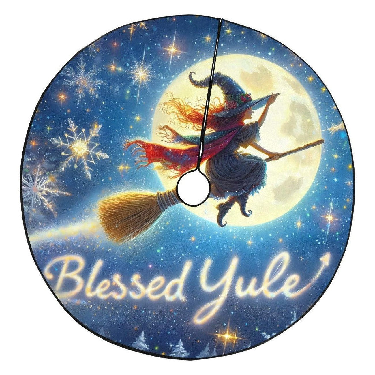 Full Moon and Flying Witch Christmas Tree Skirt for Yule Decor-MoonChildWorld
