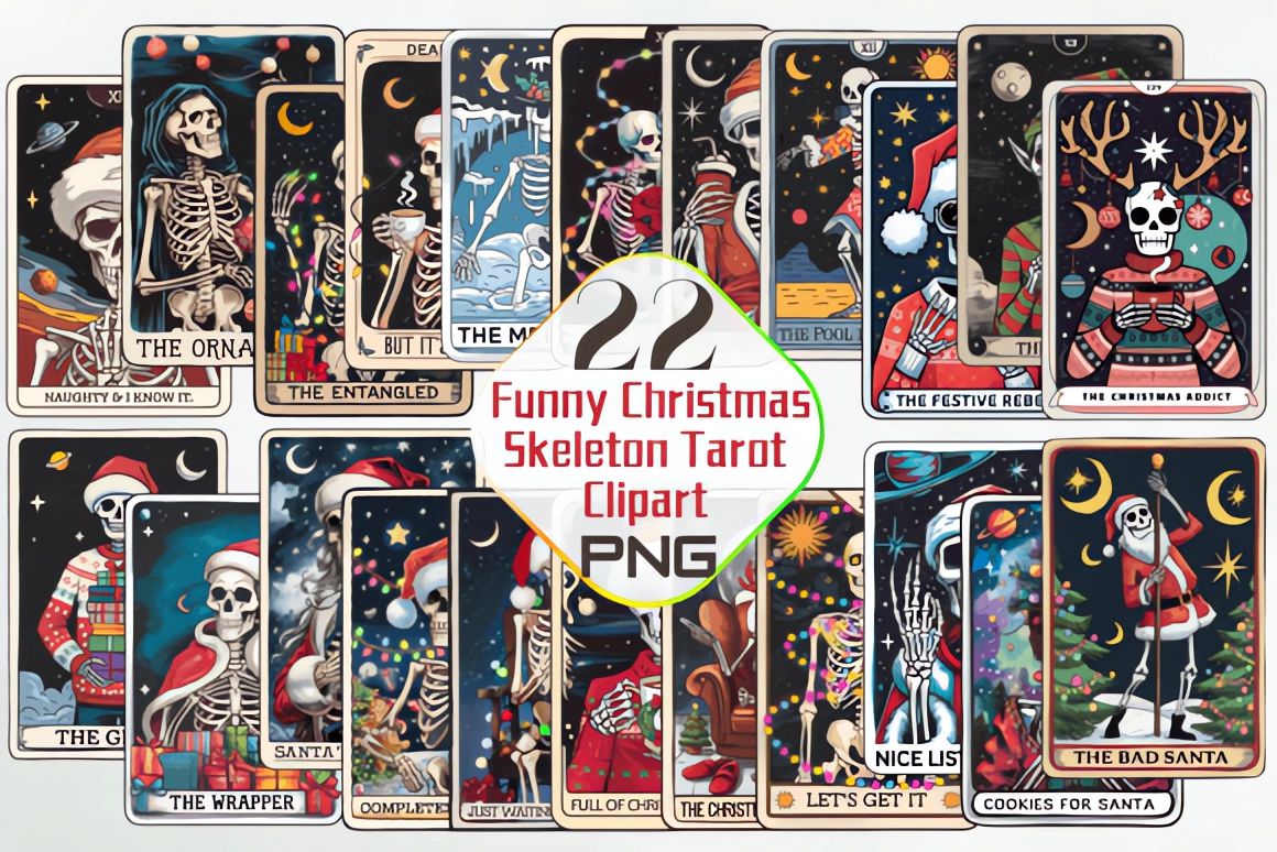 22 Funny Christmas Skeleton Tarot Clipart-MoonChildWorld