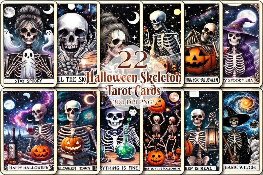 22 Funny Halloween Skeleton Tarot Cards Digital File-MoonChildWorld