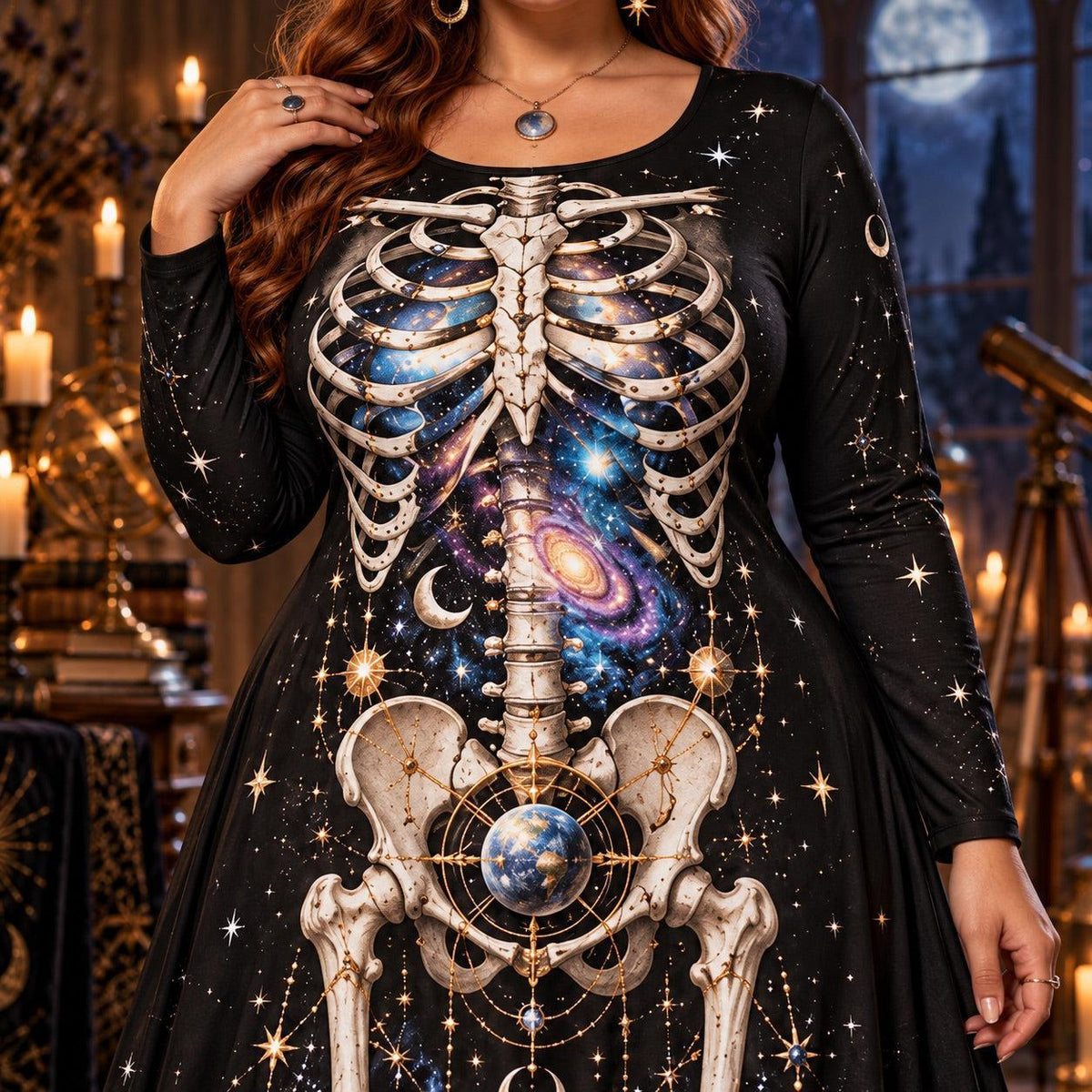 Galaxy Skeleton Plus Size Witch Dress – Celestial Long Sleeve Maxi – close up of the printed artwork