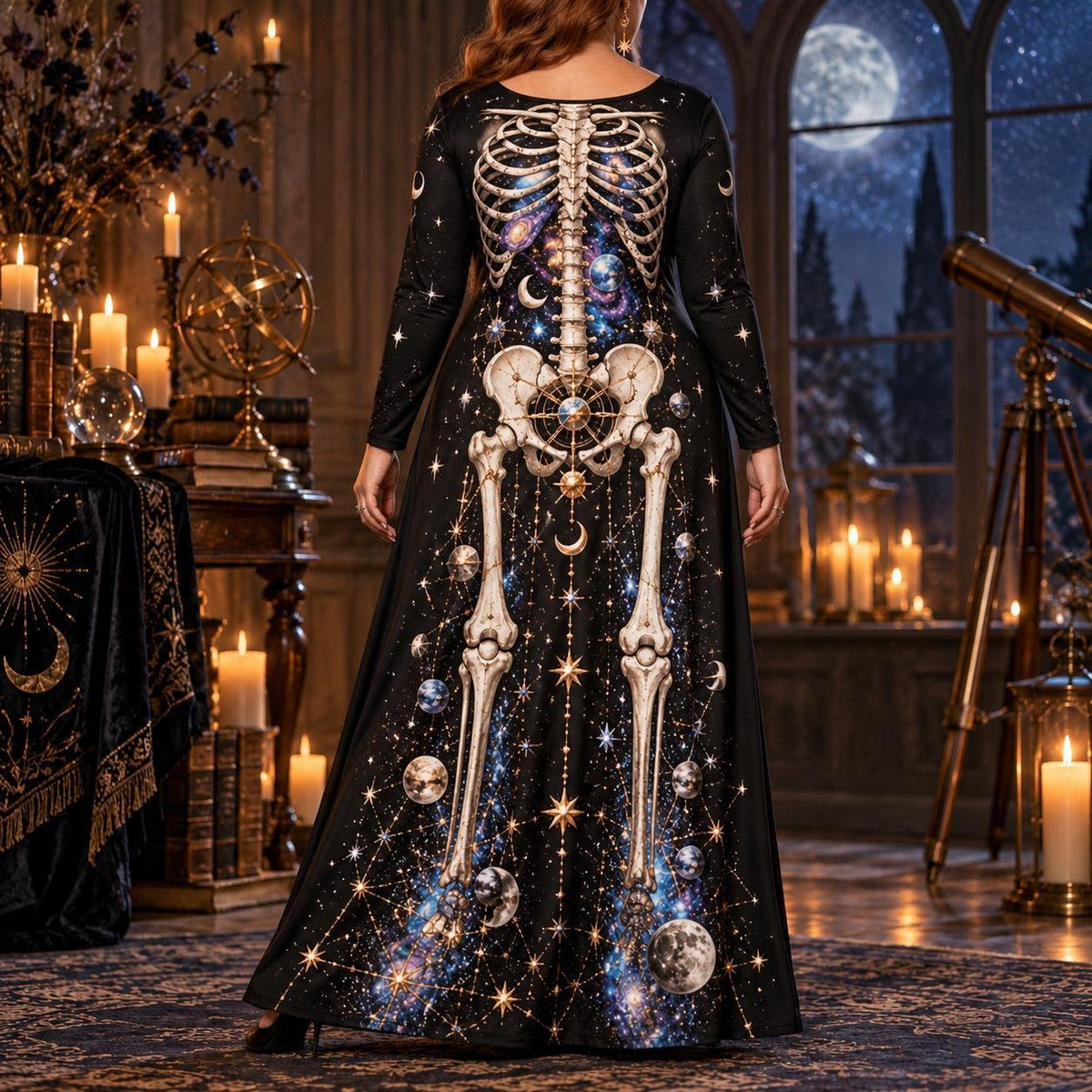 Galaxy Skeleton Plus Size Witch Dress – Celestial Long Sleeve Maxi – worn, back view