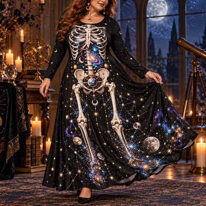 Galaxy Skeleton Plus Size Witch Dress – Celestial Long Sleeve Maxi – worn, in motion