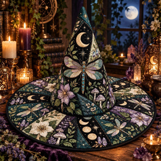 Garden Dragonfly Quilted Witch Hat – Mushroom Cottagecore Brim Hat – styled with candles and crystals
