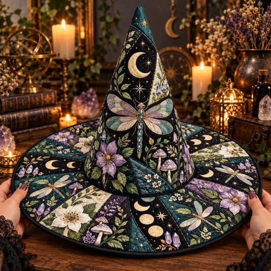 Garden Dragonfly Quilted Witch Hat – Mushroom Cottagecore Brim Hat – held in both hands
