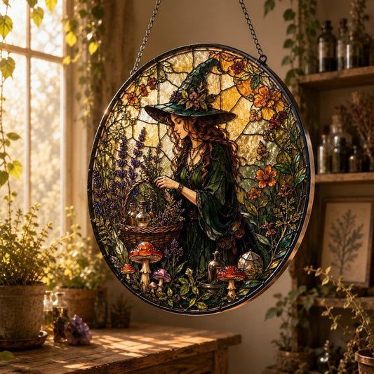 Garden Witch Herbal Mushroom Glass Suncatcher - close up detail