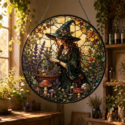 Garden Witch Herbal Mushroom Glass Suncatcher - window display