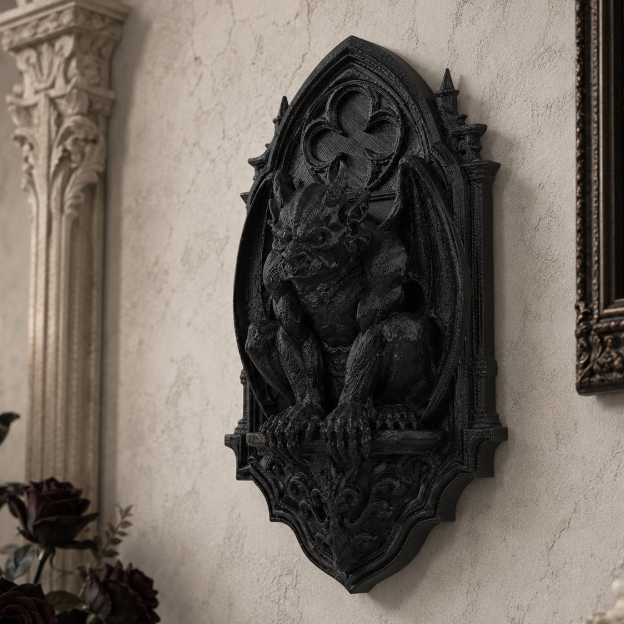 Gargoyle wall plaque – gothic altar wall decor detail