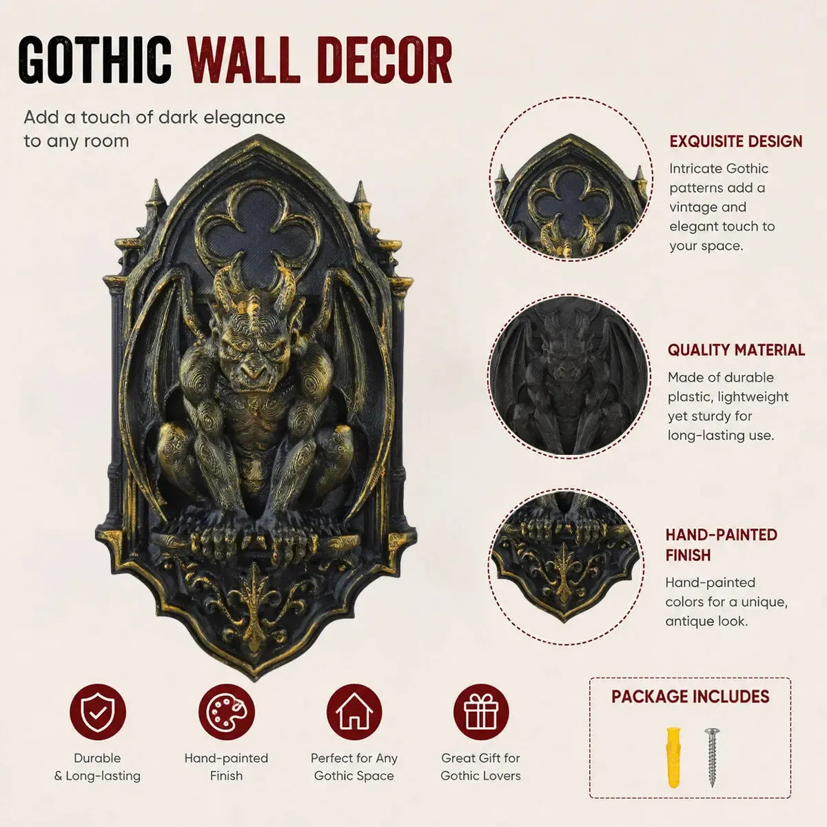 Gargoyle wall plaque – carved grotesque face detail close-up