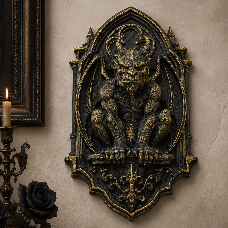 Gargoyle relief wall plaque – gothic church grotesque wall art, front view