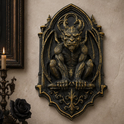 Gargoyle relief wall plaque – gothic church grotesque wall art, front view