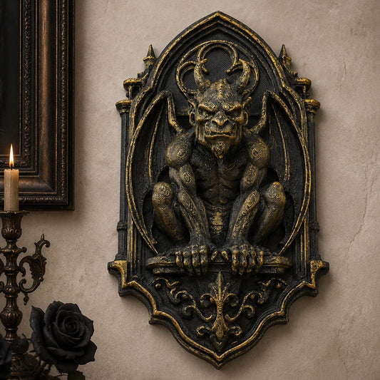 Gargoyle relief wall plaque – gothic church grotesque wall art, front view