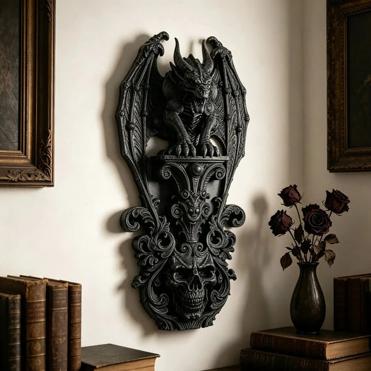 Gargoyle skull wall plaque styled with vintage books and dark roses