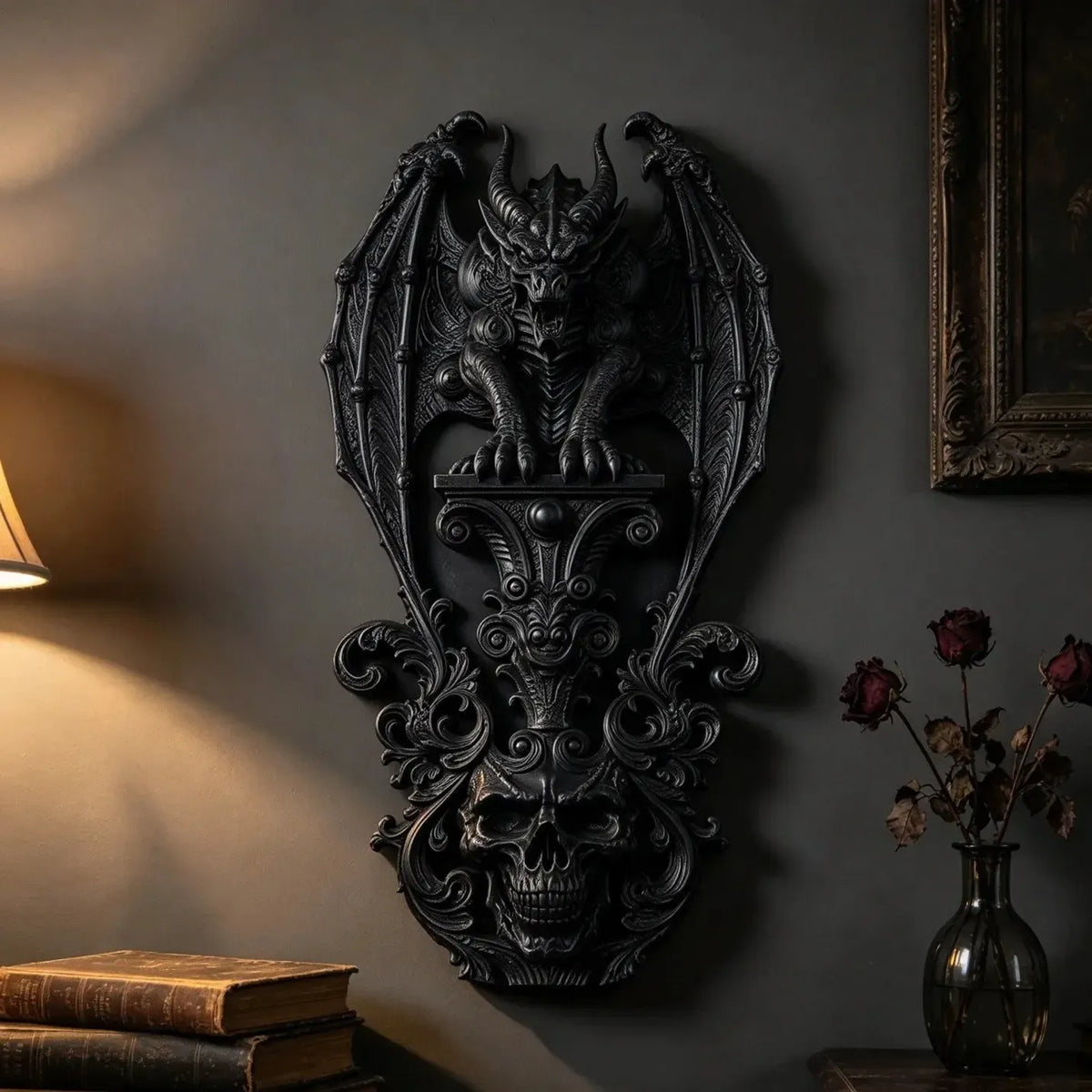 Gargoyle skull wall plaque front view with ornate scrollwork in a bright gothic room