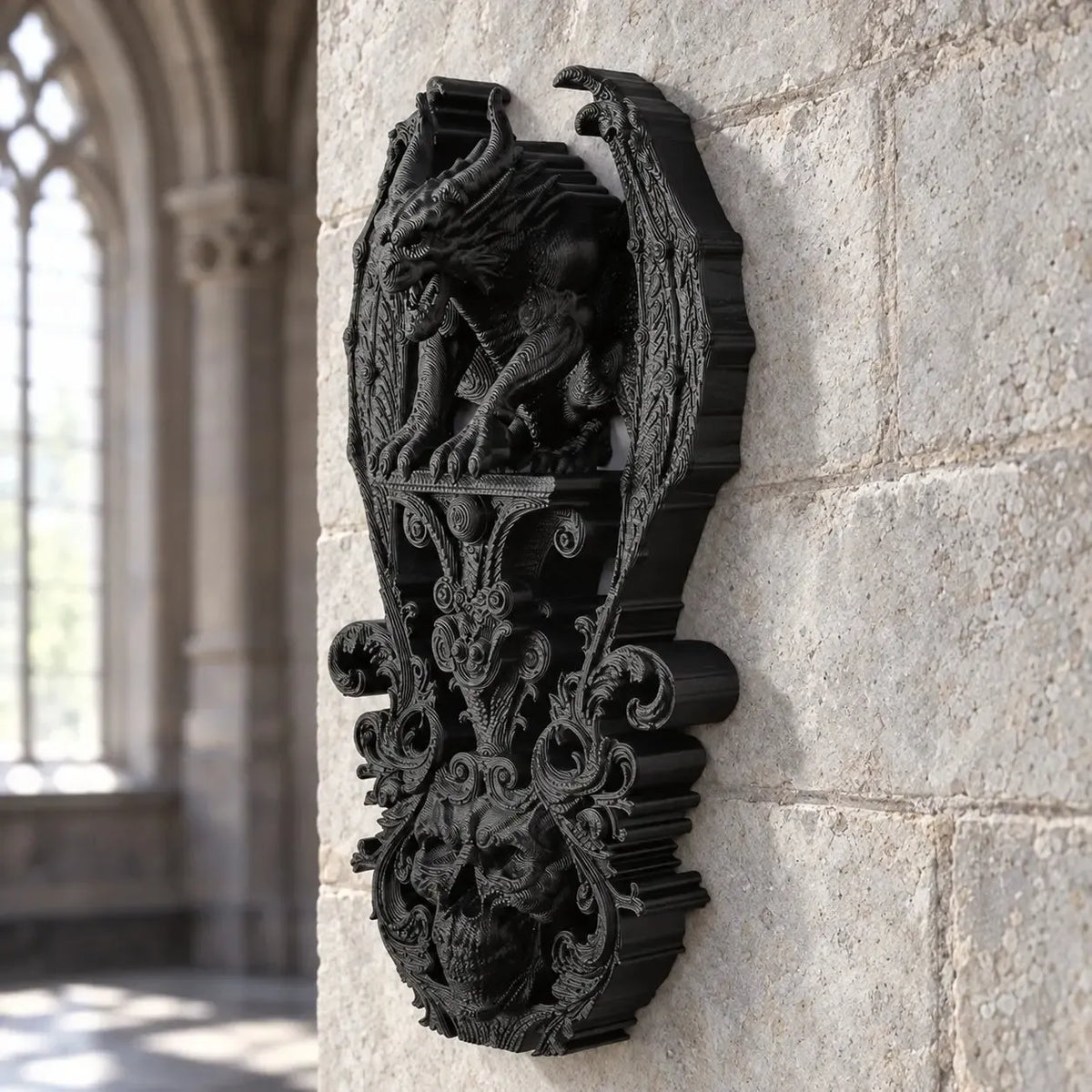Gargoyle wall plaque side view showing sculptural relief in a bright gothic room