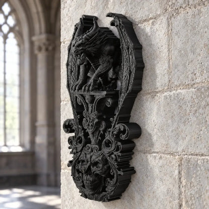 Gargoyle wall plaque side view showing sculptural relief in a bright gothic room