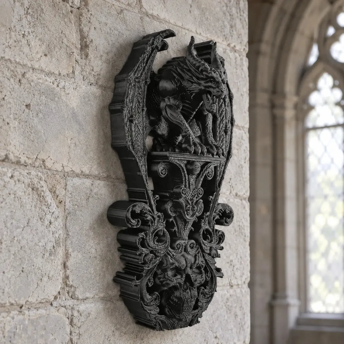 Winged gargoyle skull plaque opposite angled view in a bright gothic room